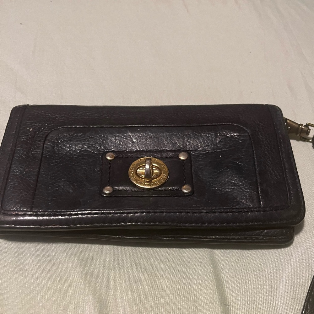 Marc Jacobs Black Leather Wristlet  wallet with Gold Accents